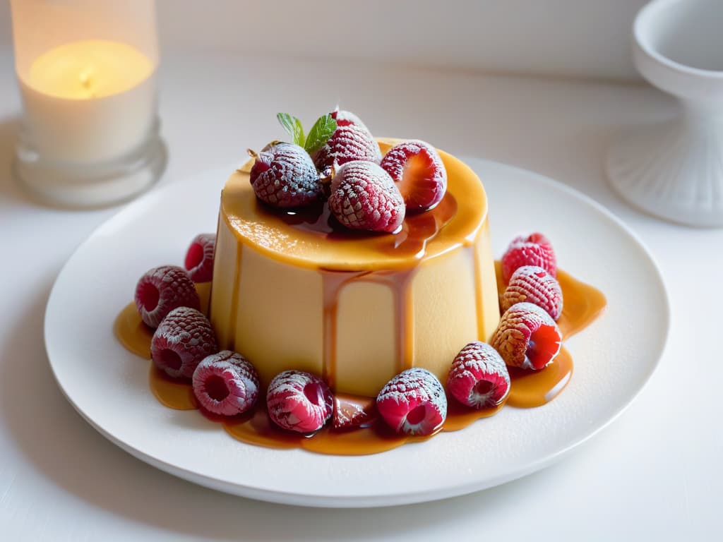  A closeup, highresolution image of a perfectly sliced piece of vanilla flan resting elegantly on a delicate white porcelain plate, garnished with a fresh plump raspberry on top. The flan is smooth and creamy, with a hint of caramel drizzle cascading down the sides, creating a visually appealing contrast against the pristine white backdrop. The lighting is soft and natural, highlighting the glossy texture of the dessert and creating a serene, almost ethereal atmosphere that embodies the essence of a guiltfree indulgence. hyperrealistic, full body, detailed clothing, highly detailed, cinematic lighting, stunningly beautiful, intricate, sharp focus, f/1. 8, 85mm, (centered image composition), (professionally color graded), ((bright soft diffused light)), volumetric fog, trending on instagram, trending on tumblr, HDR 4K, 8K