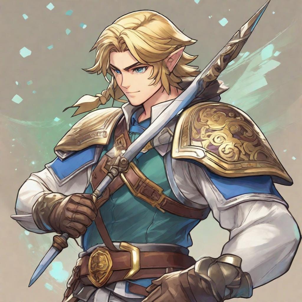  masterpiece, best quality,Draw a hero, he is younger, ability is absorption, transformation, amplification, link, 2D style, with princess link male lead as reference