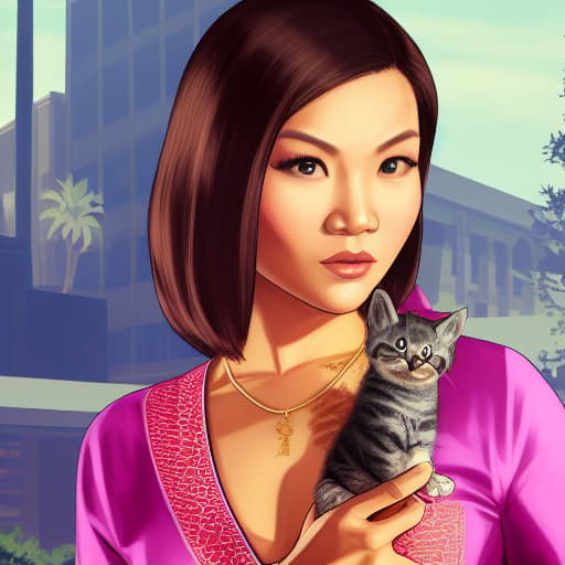  gtav style, artwork-gta5 heavily styilized, A cute Indonesian woman (((just wearing underwear))) ((pose with kitten's)) in a professional photo shoot , realistic, hyperdetailed , Best quality