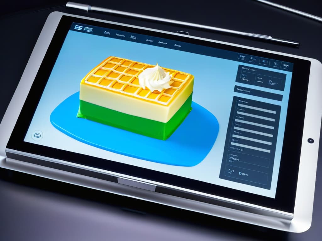  A closeup, ultradetailed image of a sleek, modern digital tablet displaying a vibrant, intricately designed digital cake creation. The screen shows a sophisticated digital baking software interface with various tools and options visible, showcasing the possibilities of digital pastry design. The image conveys a sense of precision, creativity, and innovation in the realm of digital baking, perfect for inspiring beginners in the art of digital pastrymaking. hyperrealistic, full body, detailed clothing, highly detailed, cinematic lighting, stunningly beautiful, intricate, sharp focus, f/1. 8, 85mm, (centered image composition), (professionally color graded), ((bright soft diffused light)), volumetric fog, trending on instagram, trending on tumblr, HDR 4K, 8K