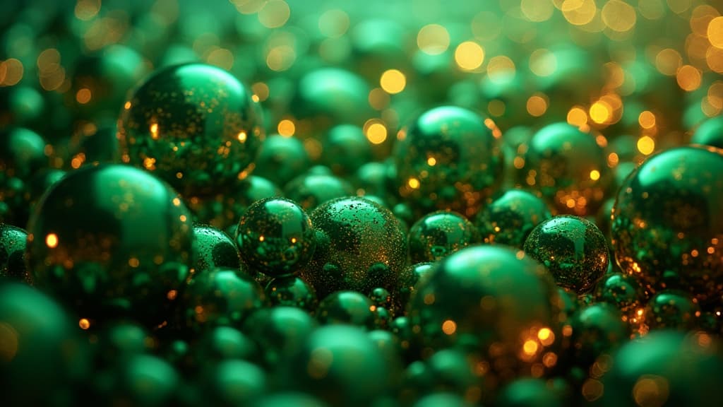  good quality, high quality, dynamic abstract composition featuring green and gold spheres with reflective surfaces, creating a visually striking and futuristic design. perfect for modern art and tech themed projects.