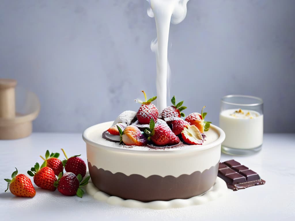  A sleek, minimalist image showcasing a stainless steel mixing bowl filled with liquid nitrogen billowing with cold vapor, surrounded by scattered vanilla beans, fresh strawberries, and chunks of rich dark chocolate. The backdrop is a clean, white marble countertop with soft, indirect lighting highlighting the ingredients, creating a serene and professional atmosphere perfect for preparing ultracreamy ice cream with liquid nitrogen. hyperrealistic, full body, detailed clothing, highly detailed, cinematic lighting, stunningly beautiful, intricate, sharp focus, f/1. 8, 85mm, (centered image composition), (professionally color graded), ((bright soft diffused light)), volumetric fog, trending on instagram, trending on tumblr, HDR 4K, 8K