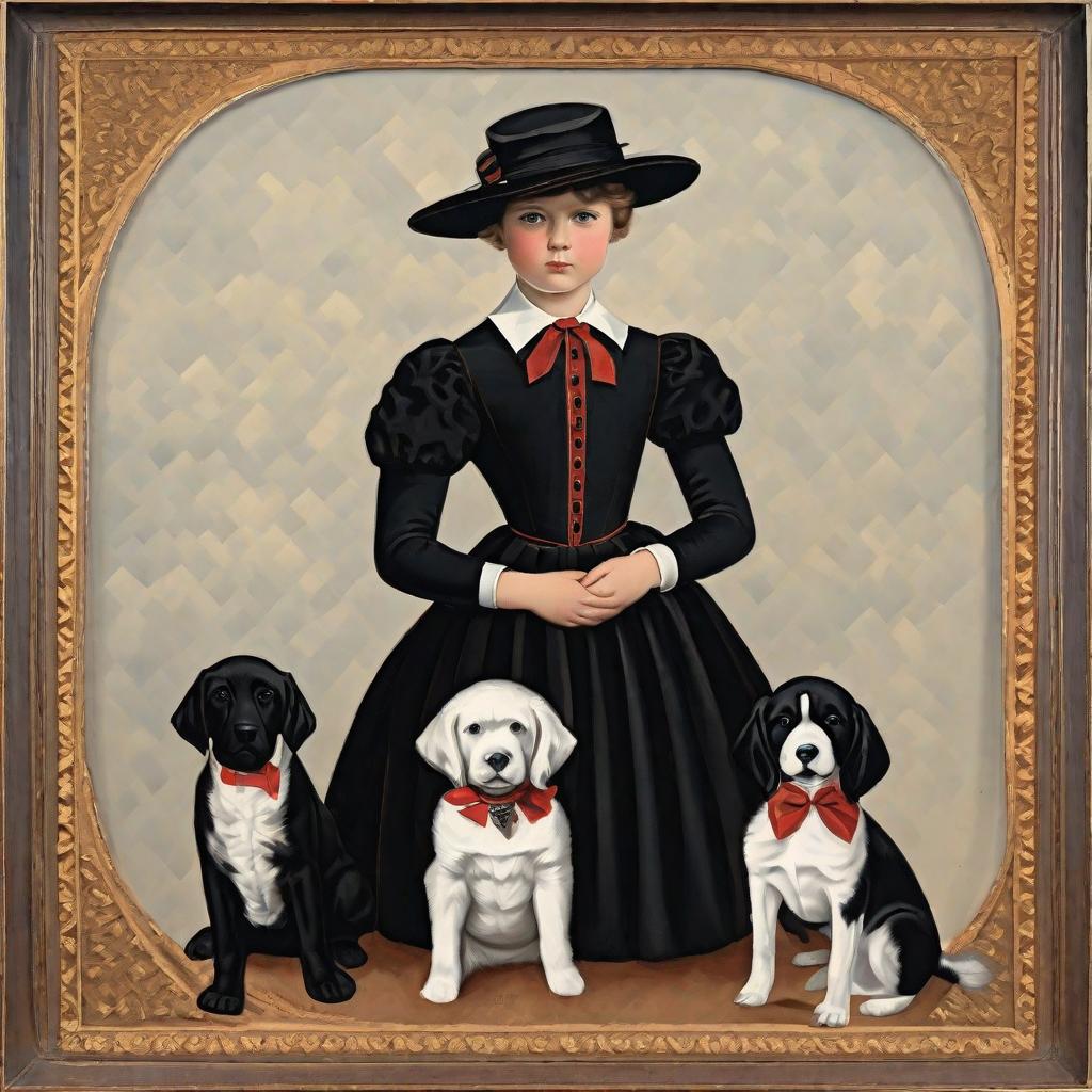  masterpiece, best quality, a girl wearing black with two boys and two dogs