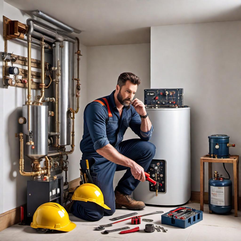  A boiler fitter fixing a boiler in the UK. The scene is set in a typical British home's utility room. The boiler fitter is wearing a safety helmet and has a tool belt around his waist, including wrenches and other tools. He's crouched beside a modern boiler, using a wrench to adjust a valve. The room has white tiled walls and a wooden floor. Tools and parts are spread out neatly on a cloth beside him. There's a cup of tea and a biscuit on a small table nearby, highlighting the British setting. hyperrealistic, full body, detailed clothing, highly detailed, cinematic lighting, stunningly beautiful, intricate, sharp focus, f/1. 8, 85mm, (centered image composition), (professionally color graded), ((bright soft diffused light)), volumetric fog, trending on instagram, trending on tumblr, HDR 4K, 8K