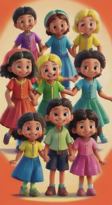  {A bright and colorful book cover with a group of happy children holding hands in a circle., Children of various ethnicities. They are smiling and wearing colorful clothing.