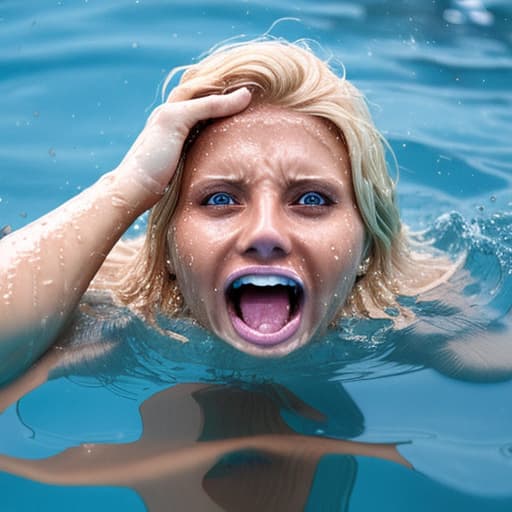  tanned blonde woman's face is above water she drowns she's screaming and panic