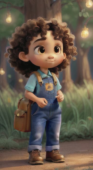  {The tree shining brightly and releasing a gentle, magical light., Riley, a curious with big brown eyes and curly hair, wearing overalls and carrying a small backpack. Their friend, Skye, a bluebird with shiny feathers.