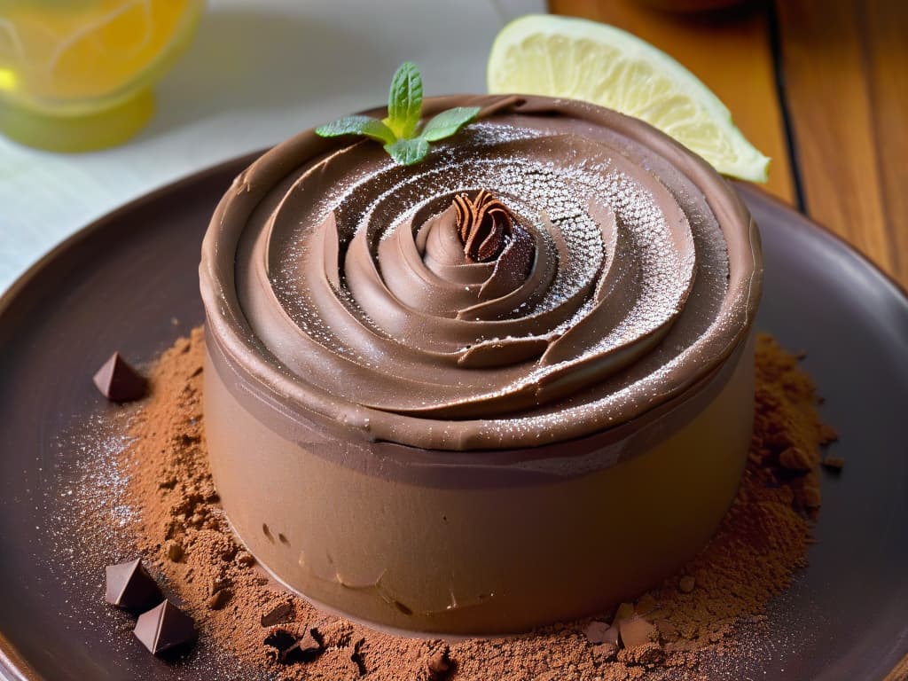  An ultradetailed closeup image of a decadent avocado chocolate mousse served in a delicate glass dessert cup, showcasing the smooth and creamy texture of the dessert. The rich, dark chocolate mousse is topped with a perfectly ripe avocado rose, dusted lightly with cocoa powder, and garnished with a sprig of fresh mint. The background is softly blurred to keep the focus on the exquisite dessert, highlighting the fusion of creamy avocado and indulgent chocolate in a visually stunning and appetizing way. hyperrealistic, full body, detailed clothing, highly detailed, cinematic lighting, stunningly beautiful, intricate, sharp focus, f/1. 8, 85mm, (centered image composition), (professionally color graded), ((bright soft diffused light)), volumetric fog, trending on instagram, trending on tumblr, HDR 4K, 8K