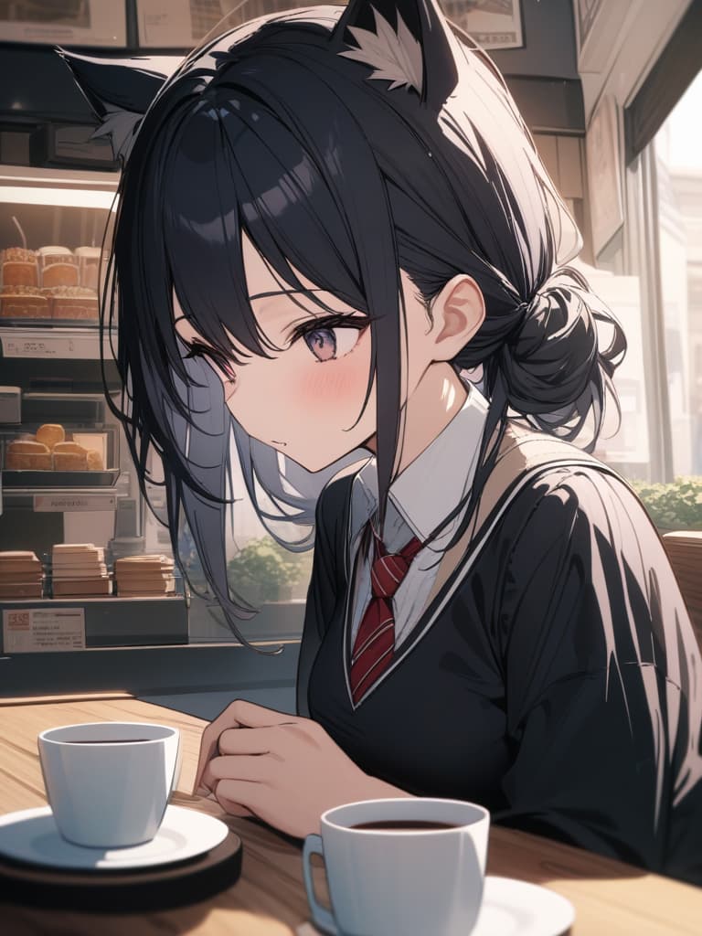  Cat ears, black hair, shortcuts, cafe clerks, stand, masterpiece, best quality,8k,ultra detailed,high resolution,an extremely delicate and beautiful,hyper detail