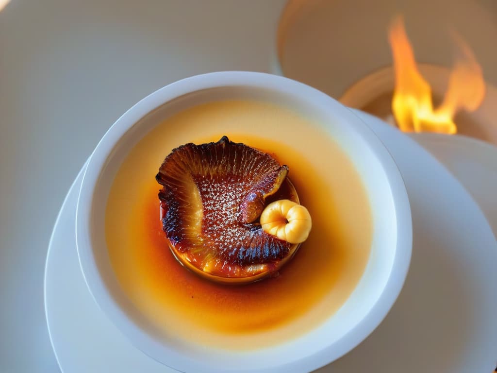  A closeup, ultradetailed image of a perfectly goldenbrown crème brûlée being torched on top, showcasing the caramelization process in exquisite detail. The flames from the torch dance elegantly against the smooth surface of the dessert, highlighting the precision needed to achieve the ideal temperature for that perfect sugary crust. hyperrealistic, full body, detailed clothing, highly detailed, cinematic lighting, stunningly beautiful, intricate, sharp focus, f/1. 8, 85mm, (centered image composition), (professionally color graded), ((bright soft diffused light)), volumetric fog, trending on instagram, trending on tumblr, HDR 4K, 8K