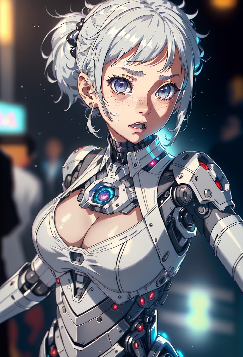  ((trending, highres, masterpiece, cinematic shot)), 1girl, young, female formal wear, festival scene, very short spiked white hair, side ponytail, narrow grey eyes, robotic personality, surprised expression, freckles, grey skin, orderly, clever