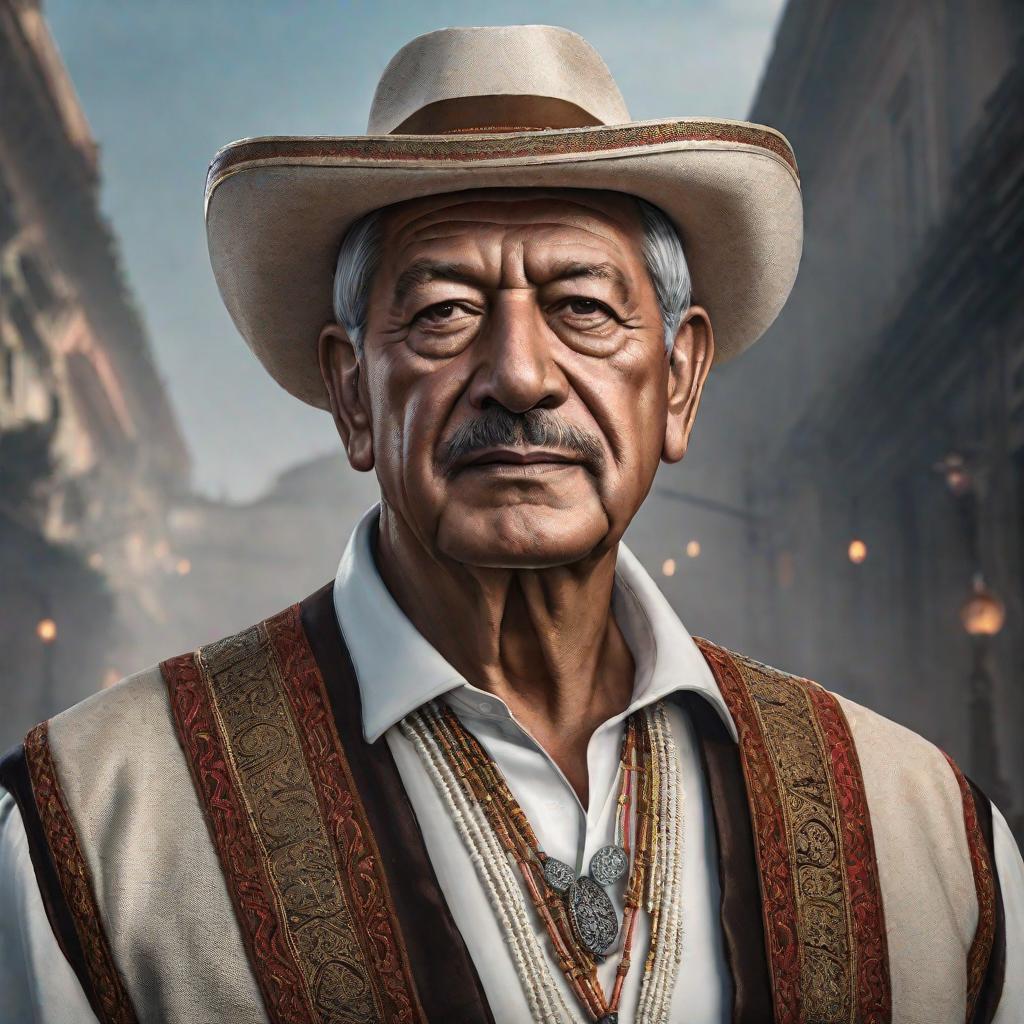  Andrés Manuel López obrador hyperrealistic, full body, detailed clothing, highly detailed, cinematic lighting, stunningly beautiful, intricate, sharp focus, f/1. 8, 85mm, (centered image composition), (professionally color graded), ((bright soft diffused light)), volumetric fog, trending on instagram, trending on tumblr, HDR 4K, 8K