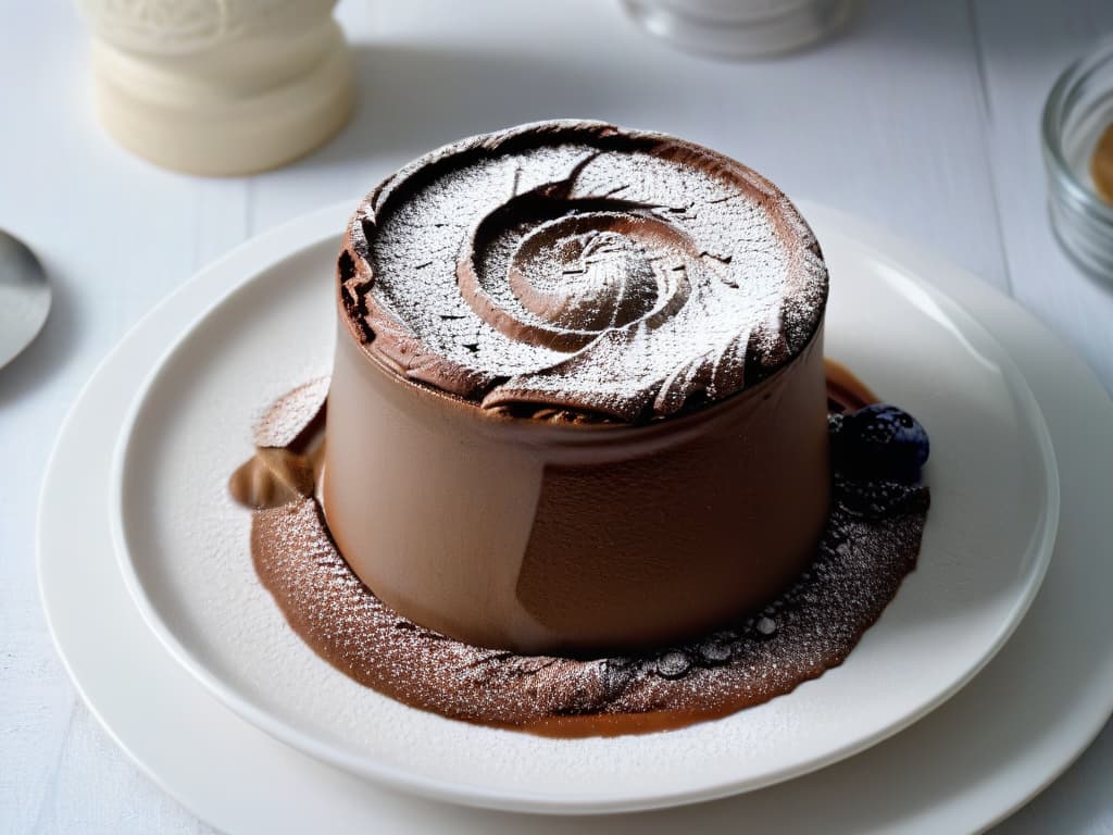  A closeup, ultradetailed image of a perfectly risen and beautifully goldenbrown chocolate soufflé in a white ramekin, with a delicate dusting of cocoa powder on top. The texture of the soufflé is visible, showcasing the light and airy interior with a slightly gooey chocolate center oozing out slightly. The edges of the ramekin are pristine, and the background is a softfocus kitchen setting, with hints of a chef's hat and whisk in the background, subtly reinforcing the professional and inspiring tone of the article. hyperrealistic, full body, detailed clothing, highly detailed, cinematic lighting, stunningly beautiful, intricate, sharp focus, f/1. 8, 85mm, (centered image composition), (professionally color graded), ((bright soft diffused light)), volumetric fog, trending on instagram, trending on tumblr, HDR 4K, 8K