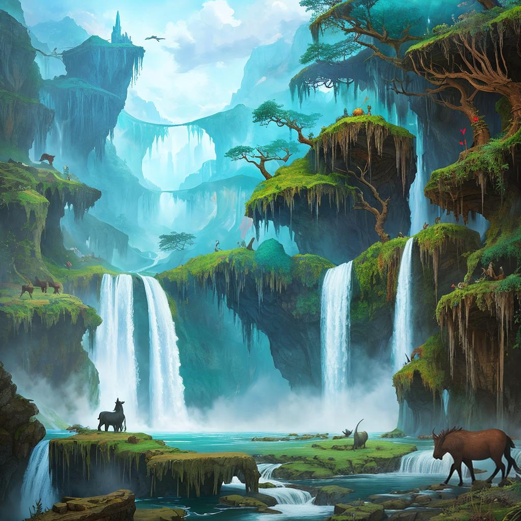  in a fantasy setting, Paint a surreal landscape where mythical beasts roam amidst cascading waterfalls.