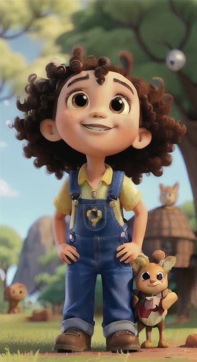  {Riley looking up at the tree with a big smile, animals surrounding them., Riley, a curious with big brown eyes and curly hair, wearing overalls and carrying a small backpack. Their friend, Skye, a bluebird with shiny feathers.