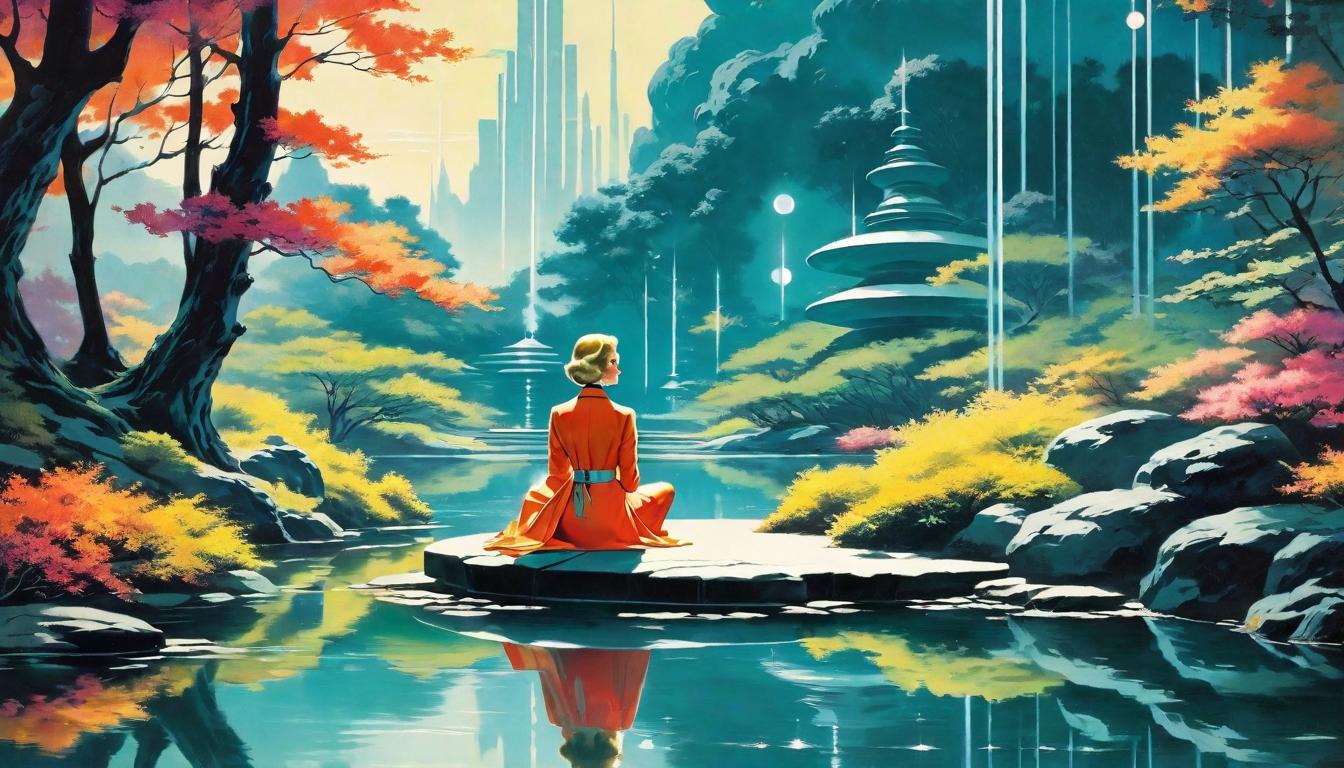  retro futuristic A serene figure seated by a tranquil pond, reflecting both in mind and water. Symbol of contemplation’s power, serenity in solitude, legacy of introspection mirrored in nature’s calm. lvintage sci fi, 50s and 60s style, atomic age, vibrant, highly detailed