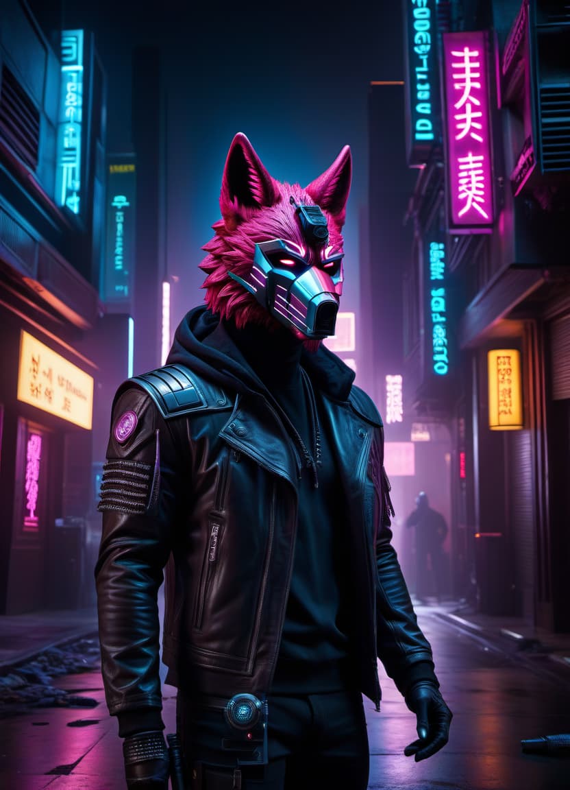  cyberpunk game style A man in a wolf mask, holding a synthesizer, playing notes in the air, with a hood, a dark street, neon, cyberpunk, 4K, 2K, FHD. . neon, dystopian, futuristic, digital, vibrant, detailed, high contrast, reminiscent of cyberpunk genre video games hyperrealistic, full body, detailed clothing, highly detailed, cinematic lighting, stunningly beautiful, intricate, sharp focus, f/1. 8, 85mm, (centered image composition), (professionally color graded), ((bright soft diffused light)), volumetric fog, trending on instagram, trending on tumblr, HDR 4K, 8K