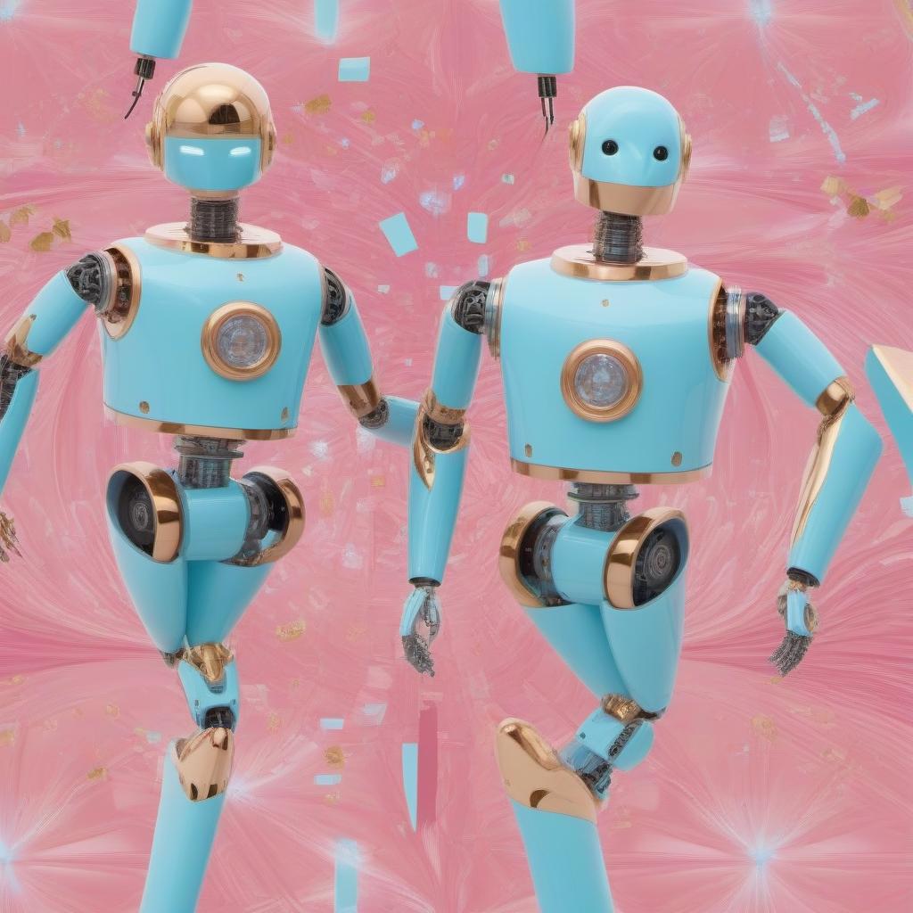  Two robots from luminous neurons are dancing, robots of the future, with the face of a girl, around a luminous fountain of light blue neurons, pink gold vonis.Art