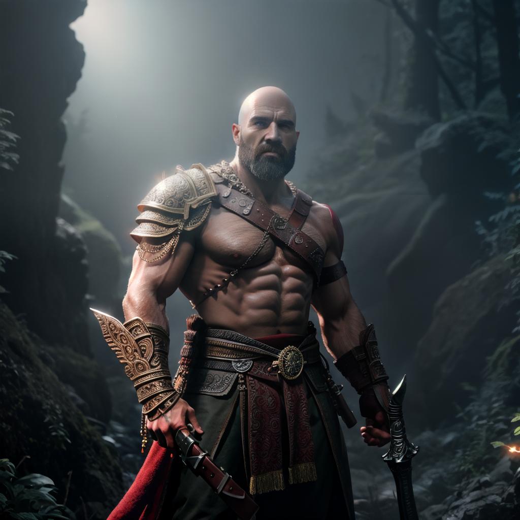  God of war hyperrealistic, full body, detailed clothing, highly detailed, cinematic lighting, stunningly beautiful, intricate, sharp focus, f/1. 8, 85mm, (centered image composition), (professionally color graded), ((bright soft diffused light)), volumetric fog, trending on instagram, trending on tumblr, HDR 4K, 8K