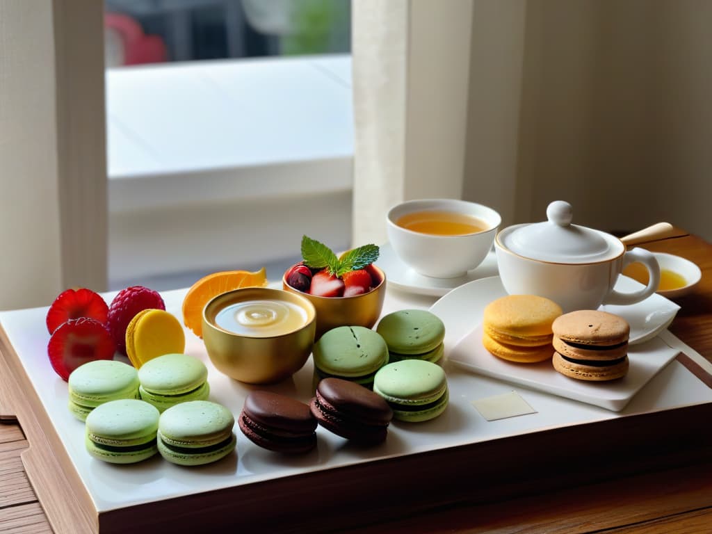  An elegant, minimalistic image featuring a pristine white tea cup and saucer placed on a rustic wooden table, surrounded by a selection of colorful, freshly baked pastries such as macarons, scones, and fruit tarts. The soft morning light filtering through a nearby window casts a gentle glow on the scene, emphasizing the textures of the flaky pastries and the delicate porcelain of the tea set. The composition exudes a sense of tranquility and indulgence, making it the perfect visual accompaniment for the expert blending of teas and desserts. hyperrealistic, full body, detailed clothing, highly detailed, cinematic lighting, stunningly beautiful, intricate, sharp focus, f/1. 8, 85mm, (centered image composition), (professionally color graded), ((bright soft diffused light)), volumetric fog, trending on instagram, trending on tumblr, HDR 4K, 8K