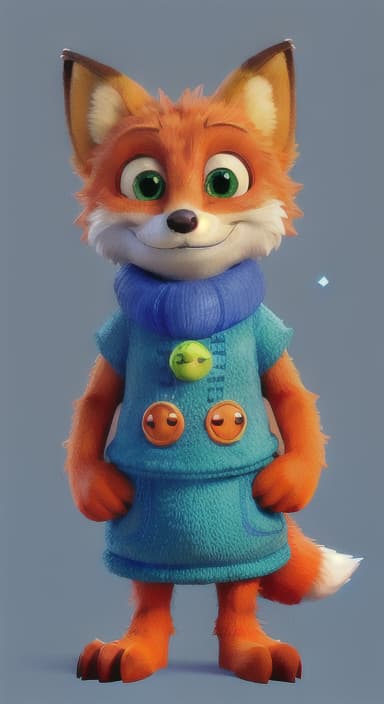  {Error the fox pressing the blue button with his paw, looking puzzled as nothing occurs., Error is a small, bright orange fox with a fluffy tail and big, inquisitive eyes. He has a mischievous yet kind expression and wears a tiny green scarf.