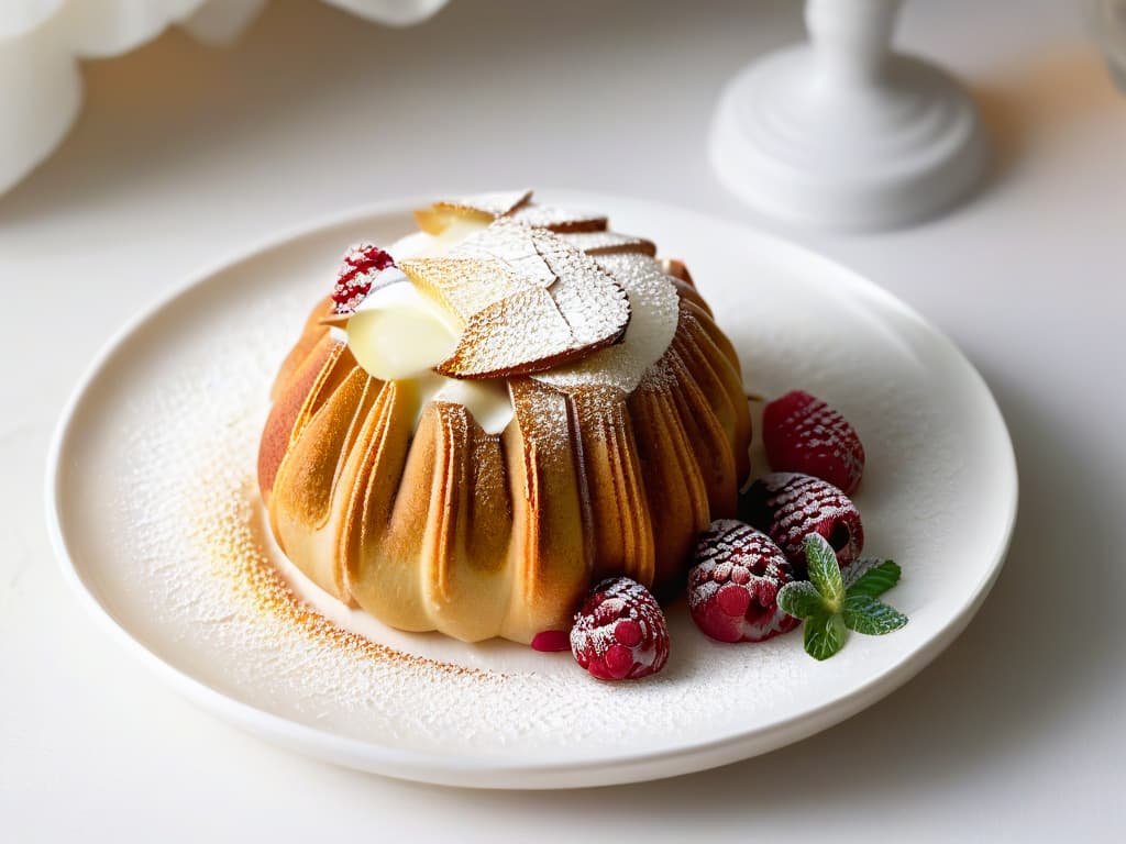  An ultradetailed closeup of a perfectly goldenbrown madeleine with delicate shelllike ridges, dusted with a light sprinkle of powdered sugar, resting on a pristine white porcelain plate. The madeleine is positioned at a slight angle to showcase its fluffy interior, emitting a subtle steam, surrounded by a few scattered fresh raspberries and a sprig of fragrant mint, conveying a sense of elegance and culinary artistry. hyperrealistic, full body, detailed clothing, highly detailed, cinematic lighting, stunningly beautiful, intricate, sharp focus, f/1. 8, 85mm, (centered image composition), (professionally color graded), ((bright soft diffused light)), volumetric fog, trending on instagram, trending on tumblr, HDR 4K, 8K