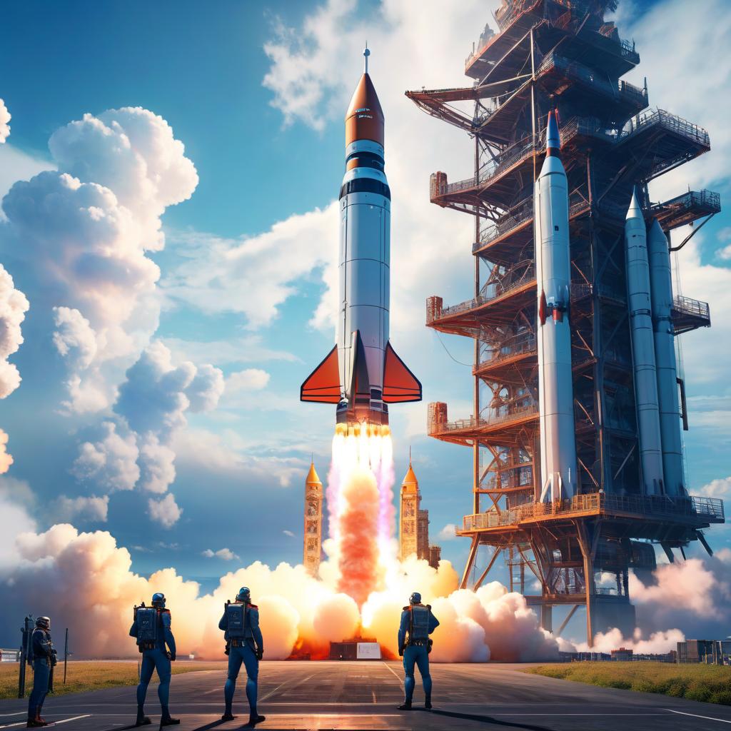  anime artwork A rocket on an open launch pad . anime style, key visual, vibrant, studio anime, highly detailed hyperrealistic, full body, detailed clothing, highly detailed, cinematic lighting, stunningly beautiful, intricate, sharp focus, f/1. 8, 85mm, (centered image composition), (professionally color graded), ((bright soft diffused light)), volumetric fog, trending on instagram, trending on tumblr, HDR 4K, 8K