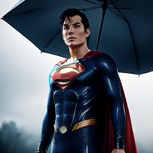  mj, cinematic ,closeup superman standing under the rain , 8k, super detailed ,