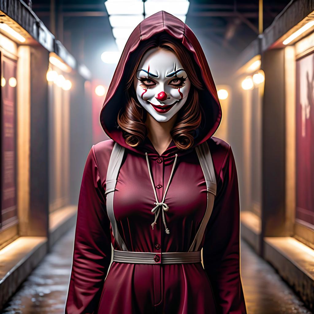  A girl, with brown hair. She wears a white clown mask with a black smile that covers her entire face. Dressed in a burgundy smock with a hood. She has a grey shirt on and dark pants. hyperrealistic, full body, detailed clothing, highly detailed, cinematic lighting, stunningly beautiful, intricate, sharp focus, f/1. 8, 85mm, (centered image composition), (professionally color graded), ((bright soft diffused light)), volumetric fog, trending on instagram, trending on tumblr, HDR 4K, 8K