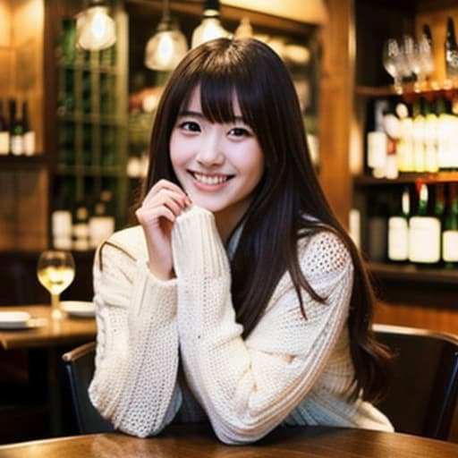  a realistic photo of a young Japanese woman, aged 25, with long dark brown hair with bangs and black eyes, 160cm tall, smiling, wearing white knitwear, at a dark and atmospheric luxurious French restaurant, dinner dishes, wine glass