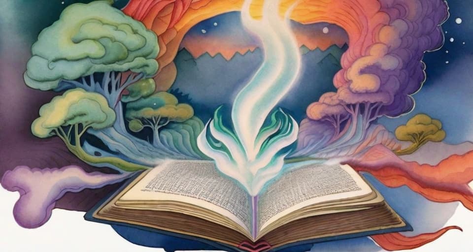  watercolor detailed painting, on paper, fantasy art, an open book that has smoking dreams rising from it, fantasy, storybook, vivid colours