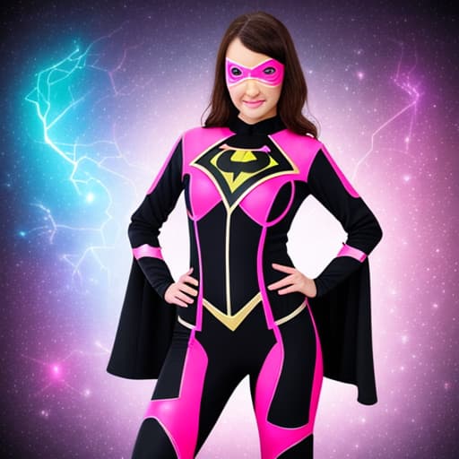  Woman wearing pink and black super hero suit with magical night