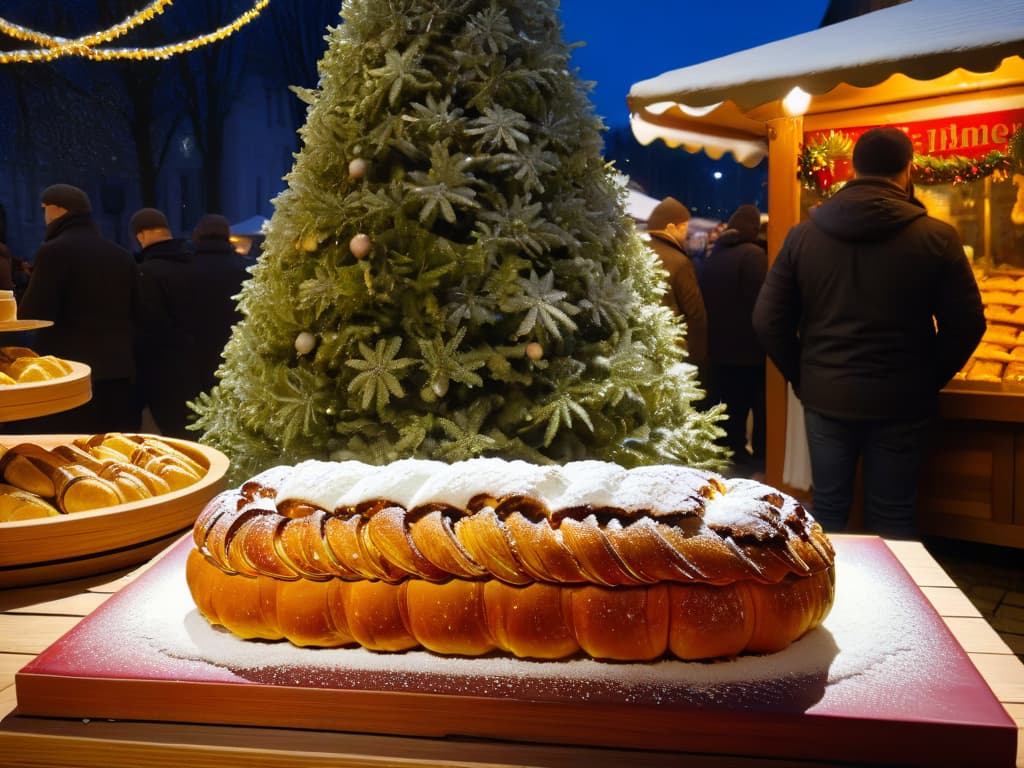  A highresolution, minimalist image of a traditional German Christmas market stall adorned with festive decorations, showcasing an exquisitely crafted Stollen bread as the centerpiece. The focus is on the intricate details of the powdered sugar dusting, candied fruits, and almond slices on the Stollen, set against a backdrop of soft, ambient lighting that captures the warmth and coziness of the holiday season. hyperrealistic, full body, detailed clothing, highly detailed, cinematic lighting, stunningly beautiful, intricate, sharp focus, f/1. 8, 85mm, (centered image composition), (professionally color graded), ((bright soft diffused light)), volumetric fog, trending on instagram, trending on tumblr, HDR 4K, 8K