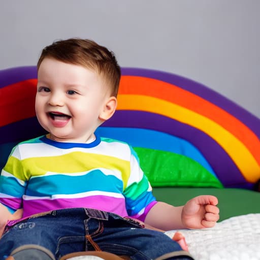   boy is showing his rainbow diaper , rainbow diaper , 3d , raindbow eyes , crouching down in couch , looking at straight camera