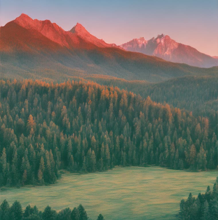 analog style a serene mountain landscape at sunset. 8k digital render.