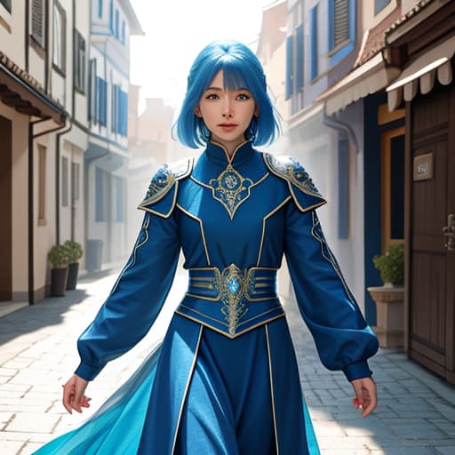  An alien female of glowing blue energy , walking into the middle ages town,, hyperrealistic, high quality, highly detailed, cinematic lighting, intricate, sharp focus, f/1. 8, 85mm, (centered image composition), (professionally color graded), ((bright soft diffused light)), volumetric fog, trending on instagram, HDR 4K, 8K