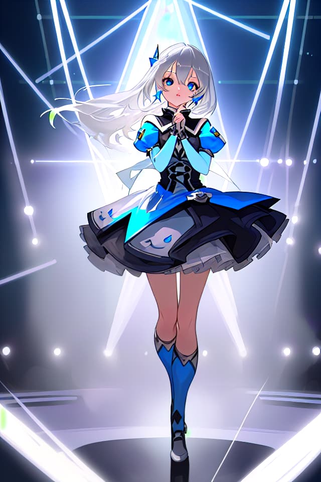  (Super beautiful girl) (up from the knee) Illustration Style, Super Beautiful Girl, Masterpiece, Super Beautiful Silver Hair and Blue Eyes Ion)), ON STAGE ,, 8k, 16k, High Quality, High Quality