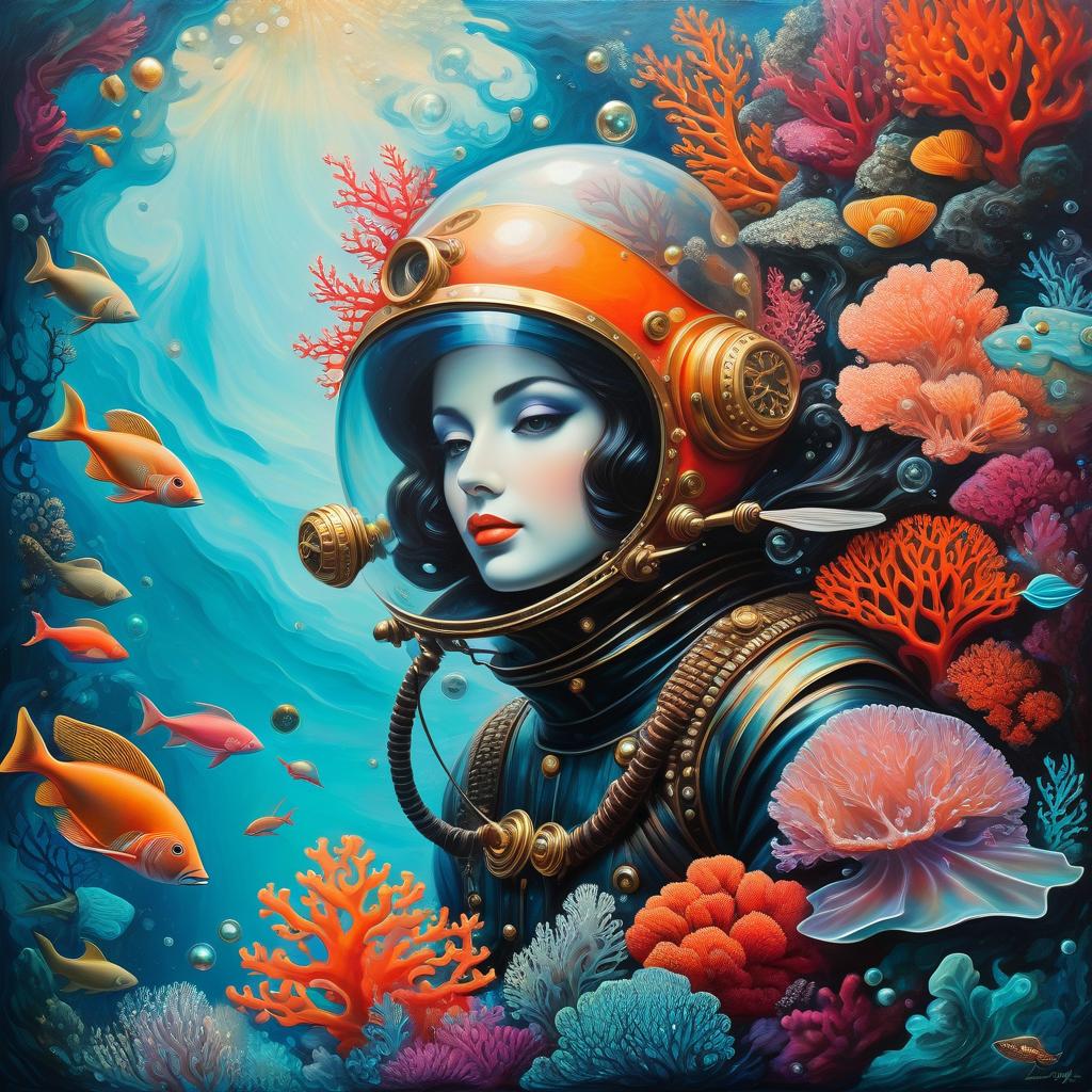  nautical themed Pop surrealism, coral and pearl diver, oil painting, highly detailed image with double exposure and overlay of textures and layers. Distant background. Gorgeous, saturated. Background of bright, super bright colors, shades and tones: surreal abstractionism. Use of the entire color palette. Subtle patterns of mysticism and magic. Stylistics: neorococo, fantasy abstraction, surrealism, mystery. High quality. . sea, ocean, ships, maritime, beach, marine life, highly detailed hyperrealistic, full body, detailed clothing, highly detailed, cinematic lighting, stunningly beautiful, intricate, sharp focus, f/1. 8, 85mm, (centered image composition), (professionally color graded), ((bright soft diffused light)), volumetric fog, trending on instagram, trending on tumblr, HDR 4K, 8K