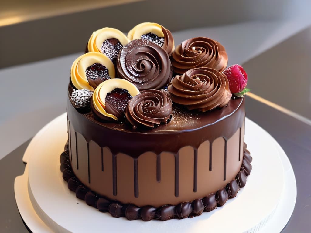  A closeup, ultradetailed image of a perfectly tempered piece of rich, glossy Belgian chocolate being delicately drizzled over a decadent, multilayered chocolate cake. The velvety chocolate cascades down the sides of the cake, forming intricate swirls and patterns, highlighting the luxurious and indulgent nature of Belgian chocolate in premium pastry making. The glossy finish of the chocolate reflects the soft ambient lighting, creating a mesmerizing visual feast for the eyes. hyperrealistic, full body, detailed clothing, highly detailed, cinematic lighting, stunningly beautiful, intricate, sharp focus, f/1. 8, 85mm, (centered image composition), (professionally color graded), ((bright soft diffused light)), volumetric fog, trending on instagram, trending on tumblr, HDR 4K, 8K