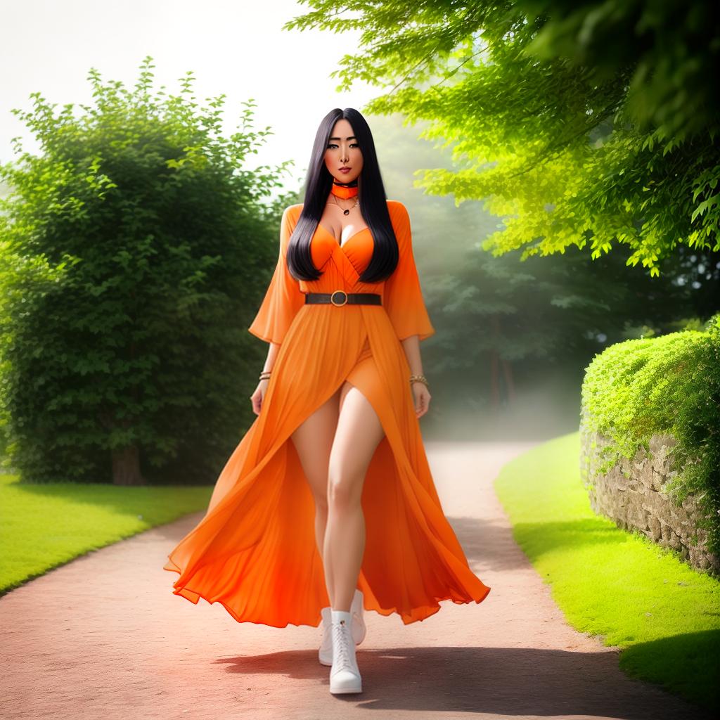  Anime girl with long hair and orange clothes walking in the park hyperrealistic, full body, detailed clothing, highly detailed, cinematic lighting, stunningly beautiful, intricate, sharp focus, f/1. 8, 85mm, (centered image composition), (professionally color graded), ((bright soft diffused light)), volumetric fog, trending on instagram, trending on tumblr, HDR 4K, 8K