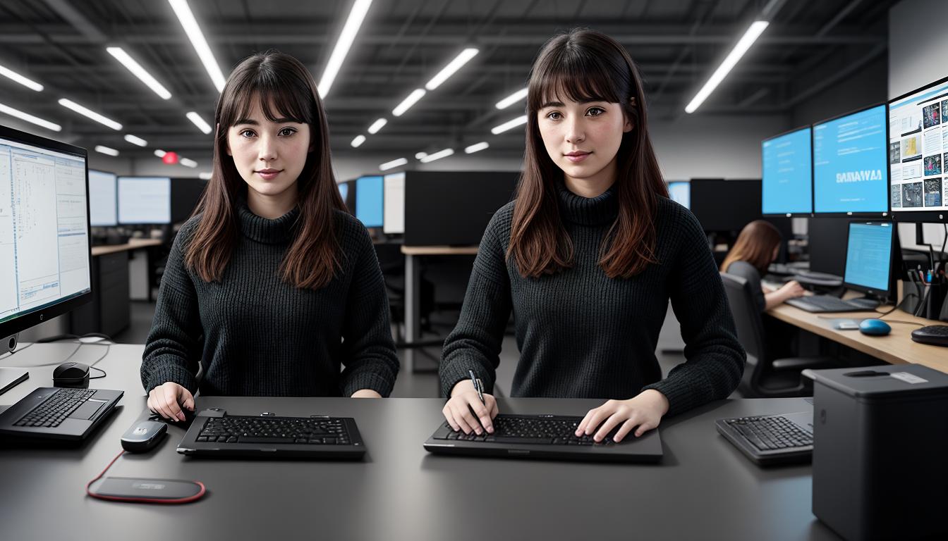  digital illustration, Sophie, a woman in her late 20s, dressed in casual tech attire, surrounded by computers and gadgets, working on something at a desk, efficient, engrossed, looking at viewer, dynamic pose, (intricate details, masterpiece, best quality)