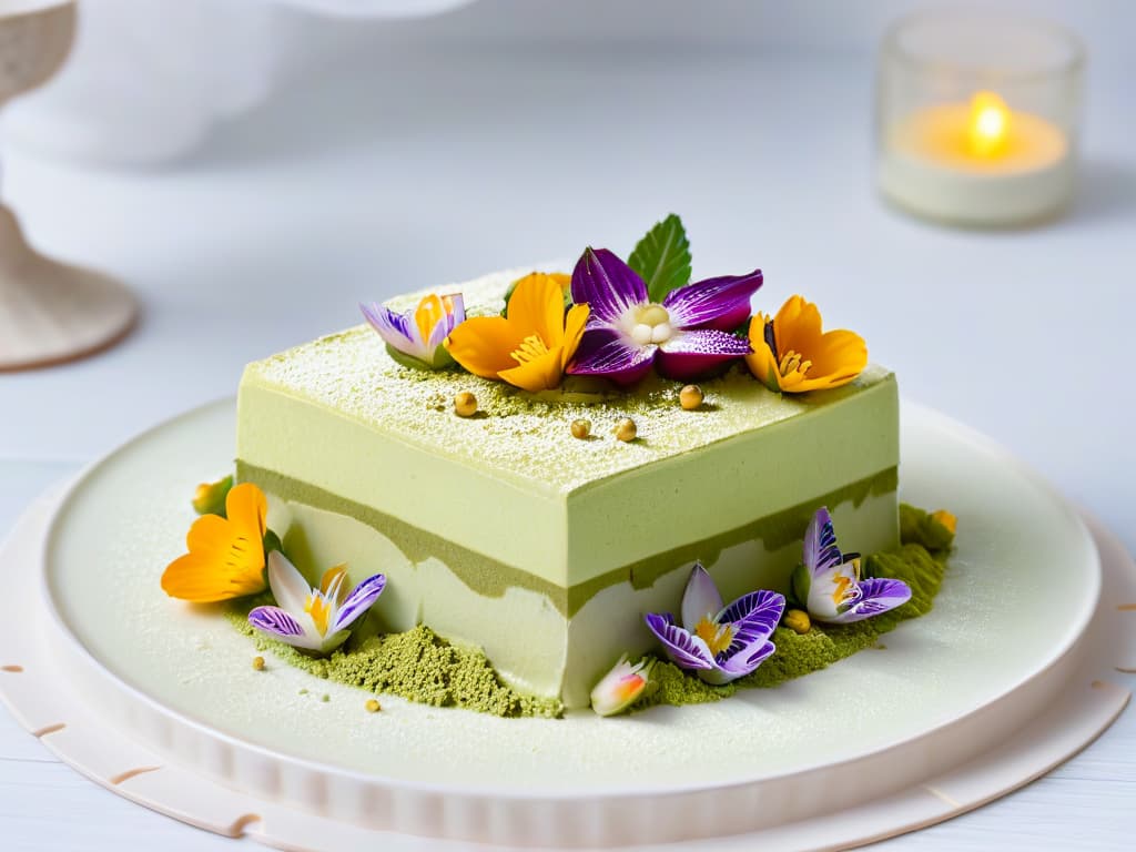  A closeup, photorealistic image of a decadent dessert fusion dish featuring layers of matcha green tea tiramisu and yuzuinfused cheesecake, garnished with delicate edible flowers and gold leaf accents, presented on a modern, minimalist plate against a softly blurred background that highlights the intricate textures and vibrant colors of the dessert. hyperrealistic, full body, detailed clothing, highly detailed, cinematic lighting, stunningly beautiful, intricate, sharp focus, f/1. 8, 85mm, (centered image composition), (professionally color graded), ((bright soft diffused light)), volumetric fog, trending on instagram, trending on tumblr, HDR 4K, 8K