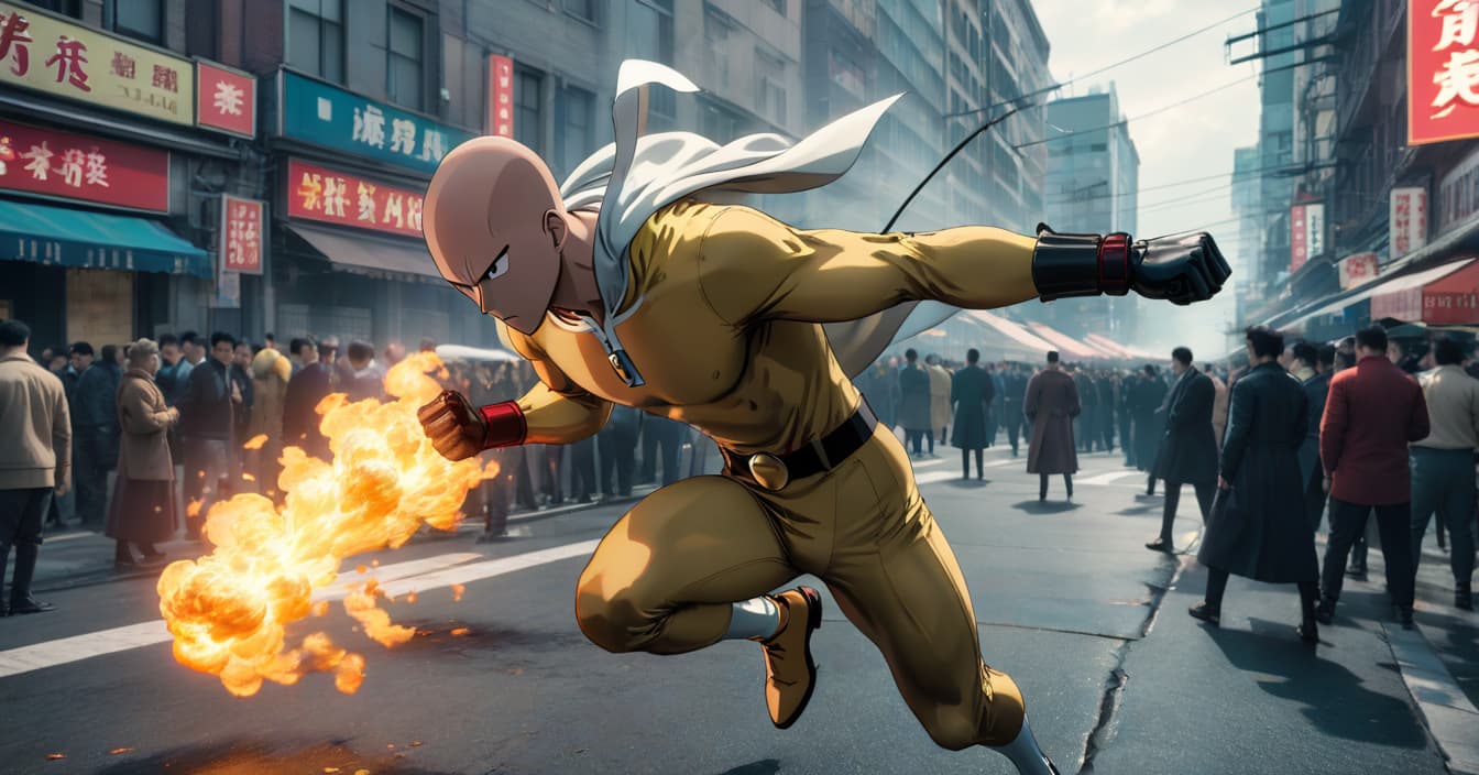  One Punch Man. Saitama. fighting in the city. full body. close up. hyperrealistic, full body, detailed clothing, highly detailed, cinematic lighting, stunningly beautiful, intricate, sharp focus, f/1. 8, 85mm, (centered image composition), (professionally color graded), ((bright soft diffused light)), volumetric fog, trending on instagram, trending on tumblr, HDR 4K, 8K