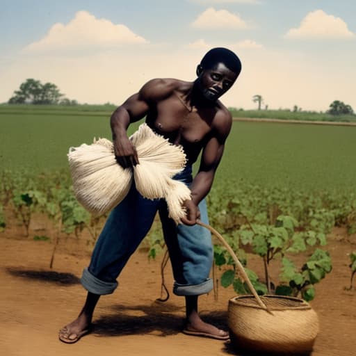  A black cotton picker picking cotton while being whipped.