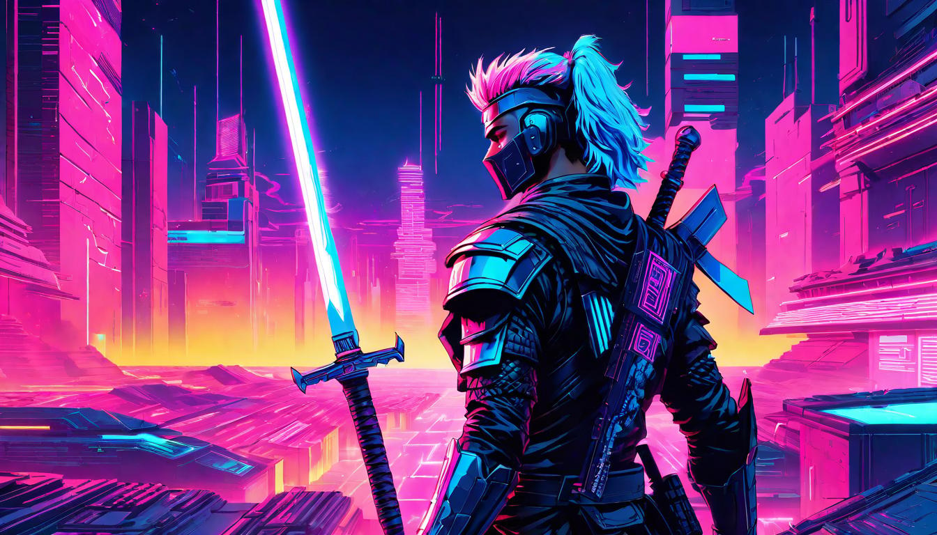  vaporwave,cyberpunk game style warrior with glowing sword, steps forward, celestial battlefield, confidenceeon, dystopian, futuristic, digital, vibrant, detailed, high contrast, reminiscent of cyberpunk genre video games,retro aesthetic, cyberpunk, vibrant, neon colors, vintage 80s and 90s style, highly detailed