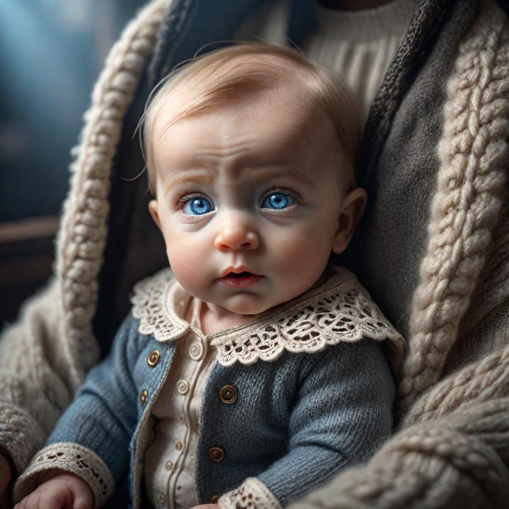  sweet little baby with blue eyes hyperrealistic, full body, detailed clothing, highly detailed, cinematic lighting, stunningly beautiful, intricate, sharp focus, f/1. 8, 85mm, (centered image composition), (professionally color graded), ((bright soft diffused light)), volumetric fog, trending on instagram, trending on tumblr, HDR 4K, 8K