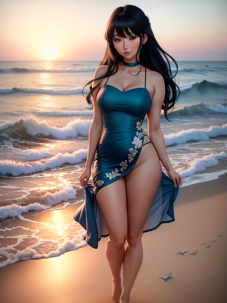  An cute and anime wearing blue china dress, black mid length hair with bangs, bare shoulders, bare arms, exudes feminine charm, greeny eyes with attractive lashes, full subtle mauve lipstick, large s covered by curved fit dress, blush, expression on face Background:serene beach at sunrise, soft golden sunlight reflecting on gentle waves, clear blue sky with light clouds, seashells scattered along the sandy shore, tranquil ocean horizon, seagulls in the distance, peaceful, pristine natural setting, soft foam on the edge of the waves, warm and inviting atmosphere, undisturbed shoreline. hyperrealistic, full body, detailed clothing, highly detailed, cinematic lighting, stunningly beautiful, intricate, sharp focus, f/1. 8, 85mm, (centered image composition), (professionally color graded), ((bright soft diffused light)), volumetric fog, trending on instagram, trending on tumblr, HDR 4K, 8K