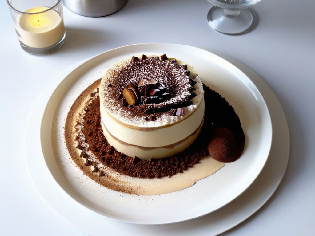  An ultradetailed image of a modern, minimalistic dessert plating featuring a deconstructed version of a classic Tiramisu. The plate is elegantly presented with layers of coffeesoaked sponge, creamy mascarpone mousse, and a dusting of cocoa powder. Each component is meticulously arranged with precision, showcasing the artful reinvention of this beloved dessert in a sleek and sophisticated style. hyperrealistic, full body, detailed clothing, highly detailed, cinematic lighting, stunningly beautiful, intricate, sharp focus, f/1. 8, 85mm, (centered image composition), (professionally color graded), ((bright soft diffused light)), volumetric fog, trending on instagram, trending on tumblr, HDR 4K, 8K