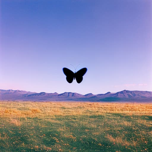 analog style Flying butterfly silhouette on blue sky backdrop