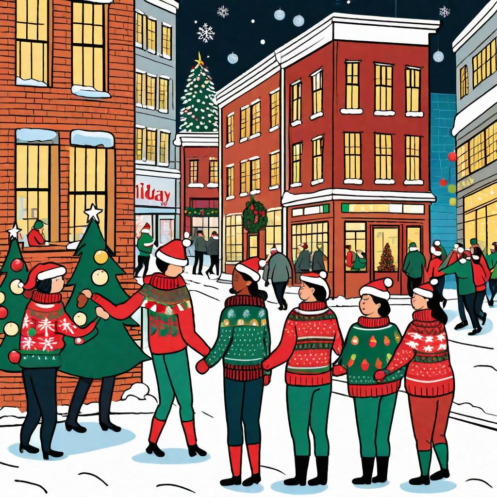  Subject and action: An office gift exchange with employees wearing festive sweaters. Setting and Background: A city street during the Christmas rush, adorned with festive lights and decorations. Mood and atmosphere: Recounting beloved holiday stories by the fireplace. Artistic style: Repetitive patterns with a modern twist.